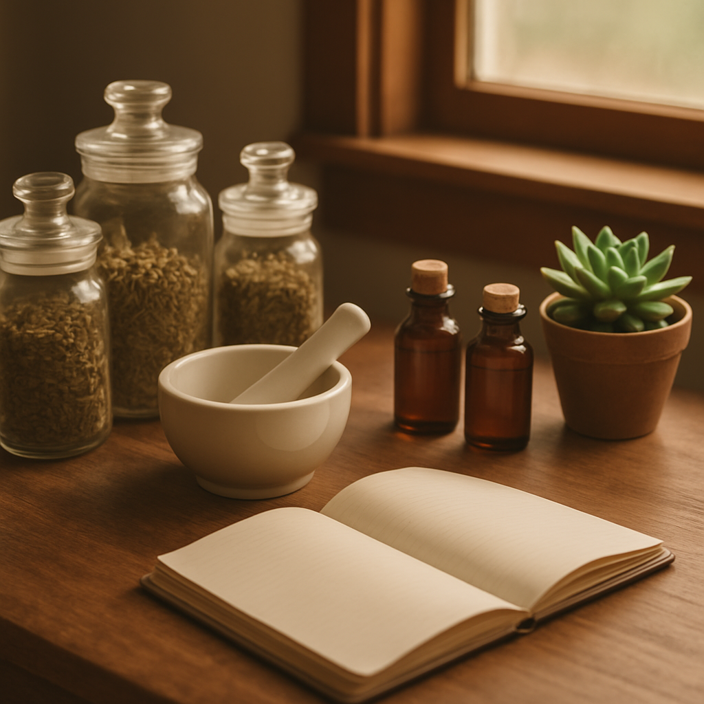 Naturopathy consultation desk with herbal medicine jars and tinctures