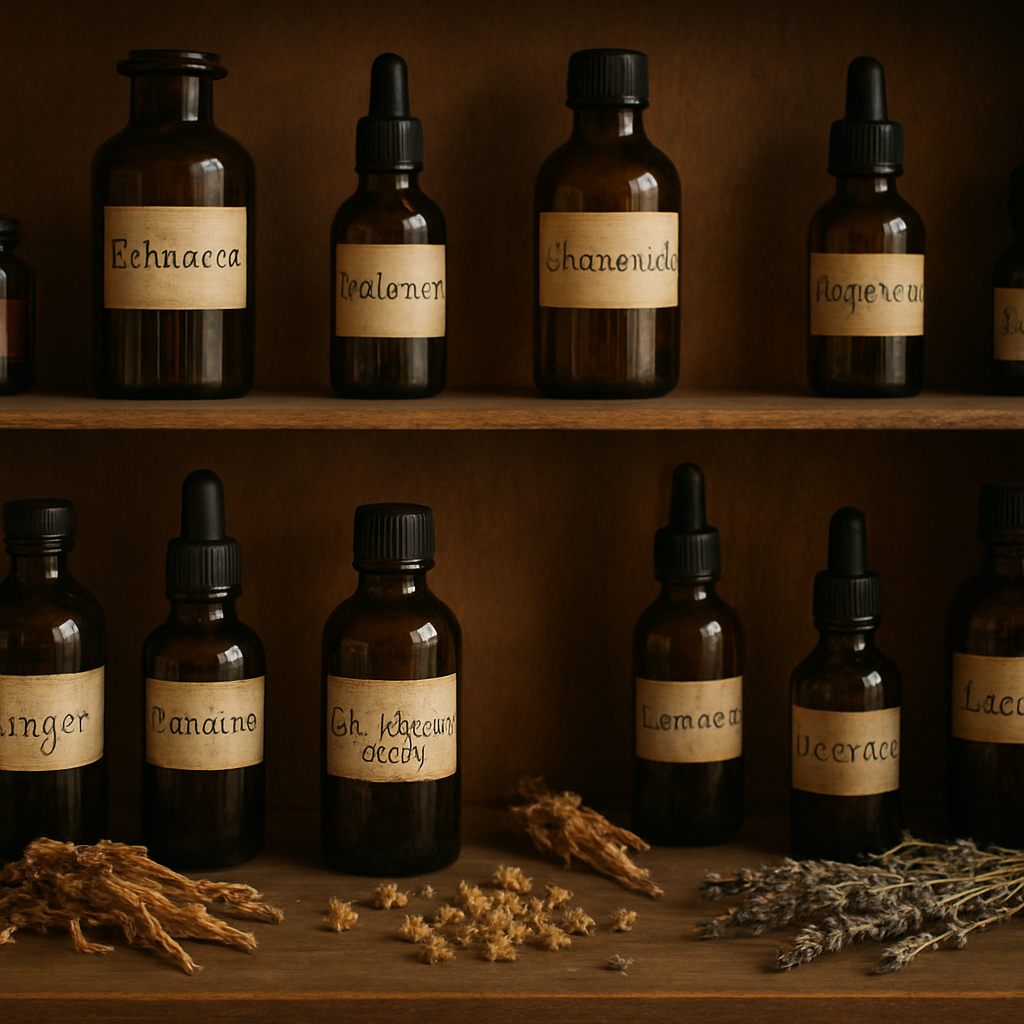 Amber glass herbal medicine bottles and tinctures on a wooden apothecary shelf