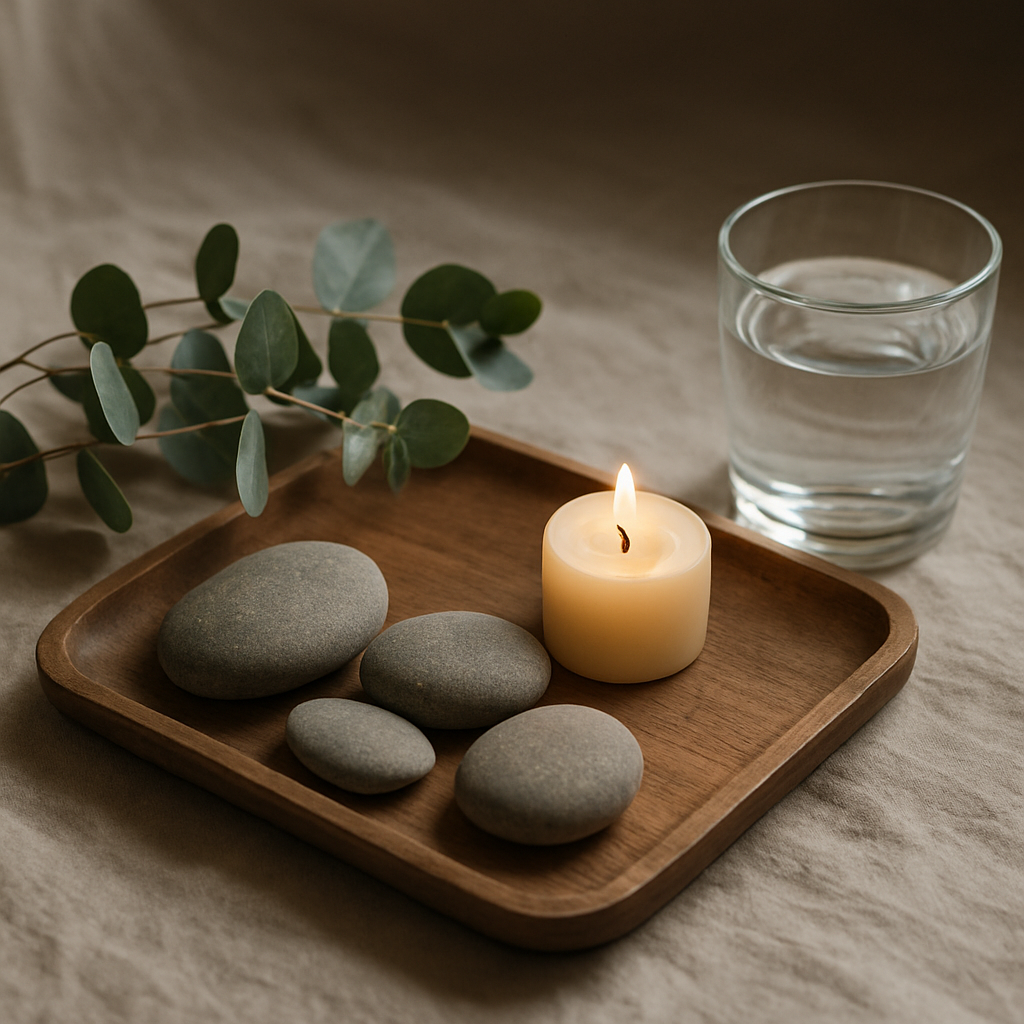 Peaceful wellness setting with river stones, eucalyptus, and natural elements