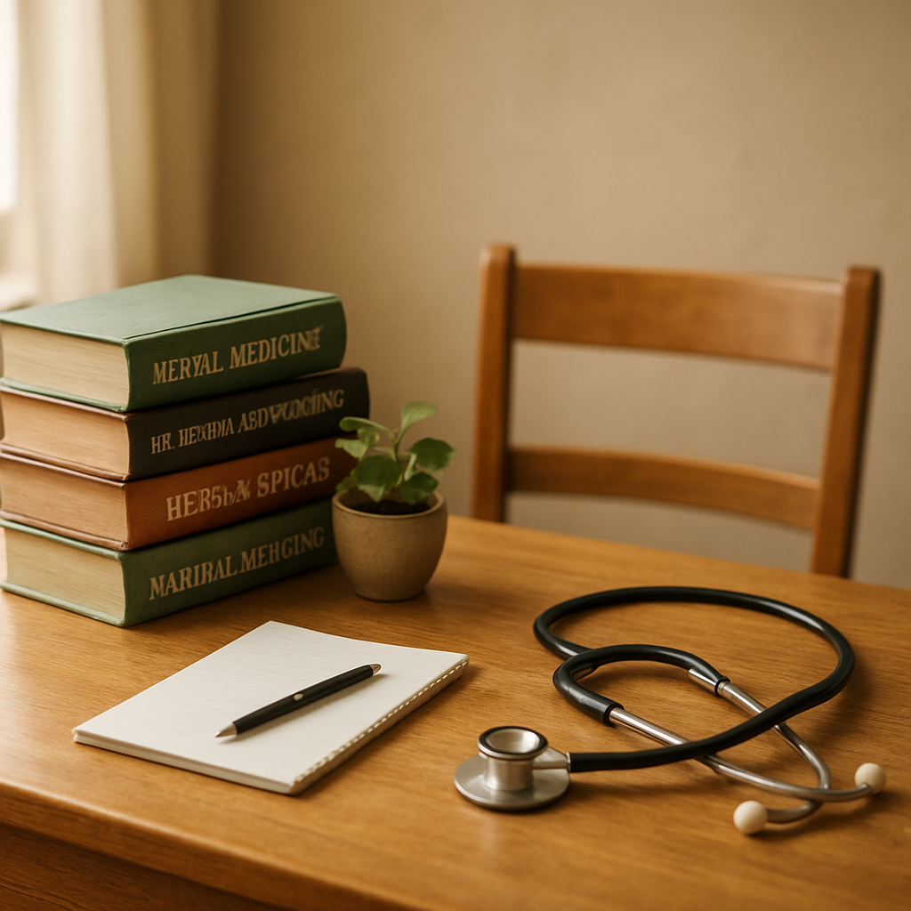 Naturopathy consultation desk with herbal reference books and a notepad